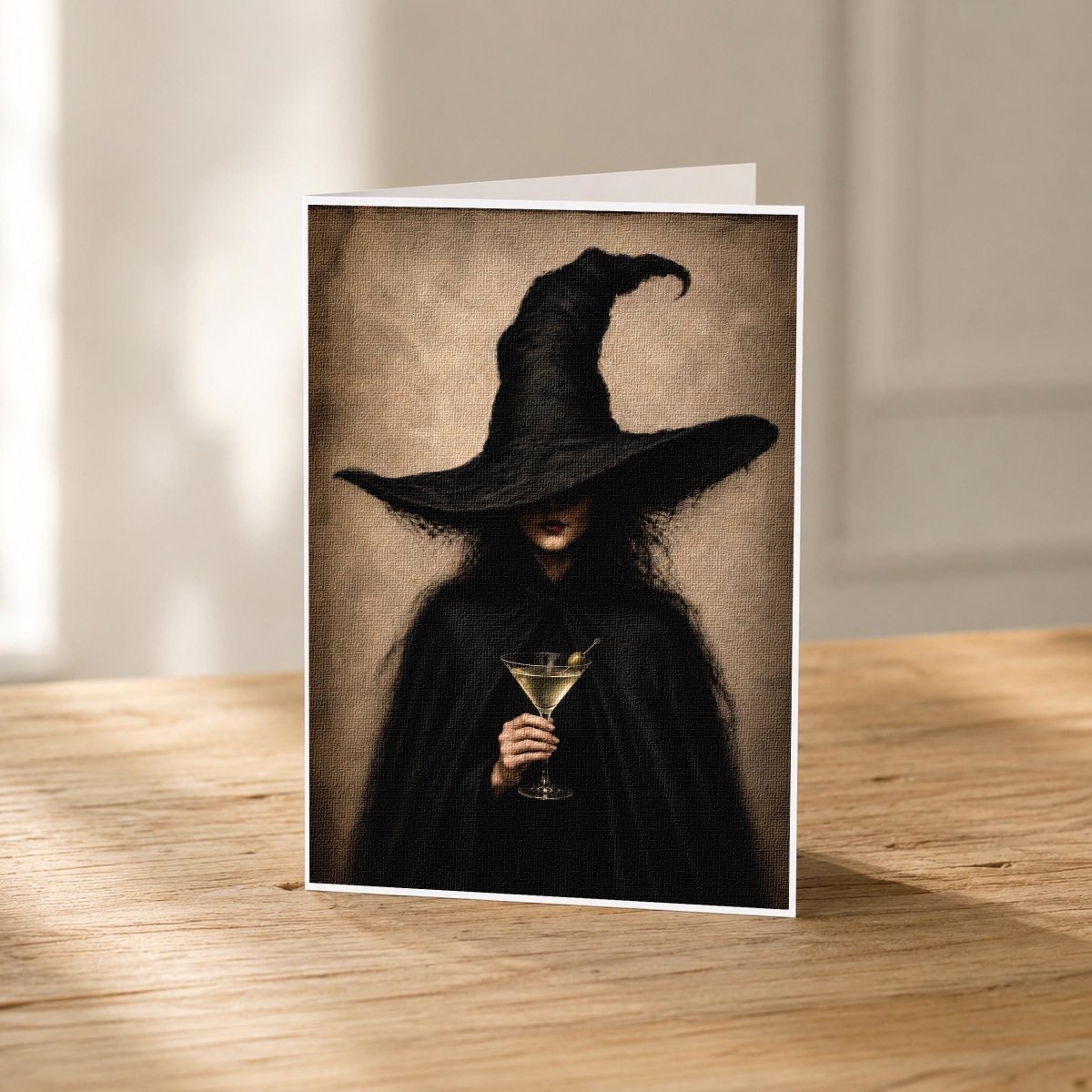 5x7 witch martini blank note card standing upright showing its linen texture