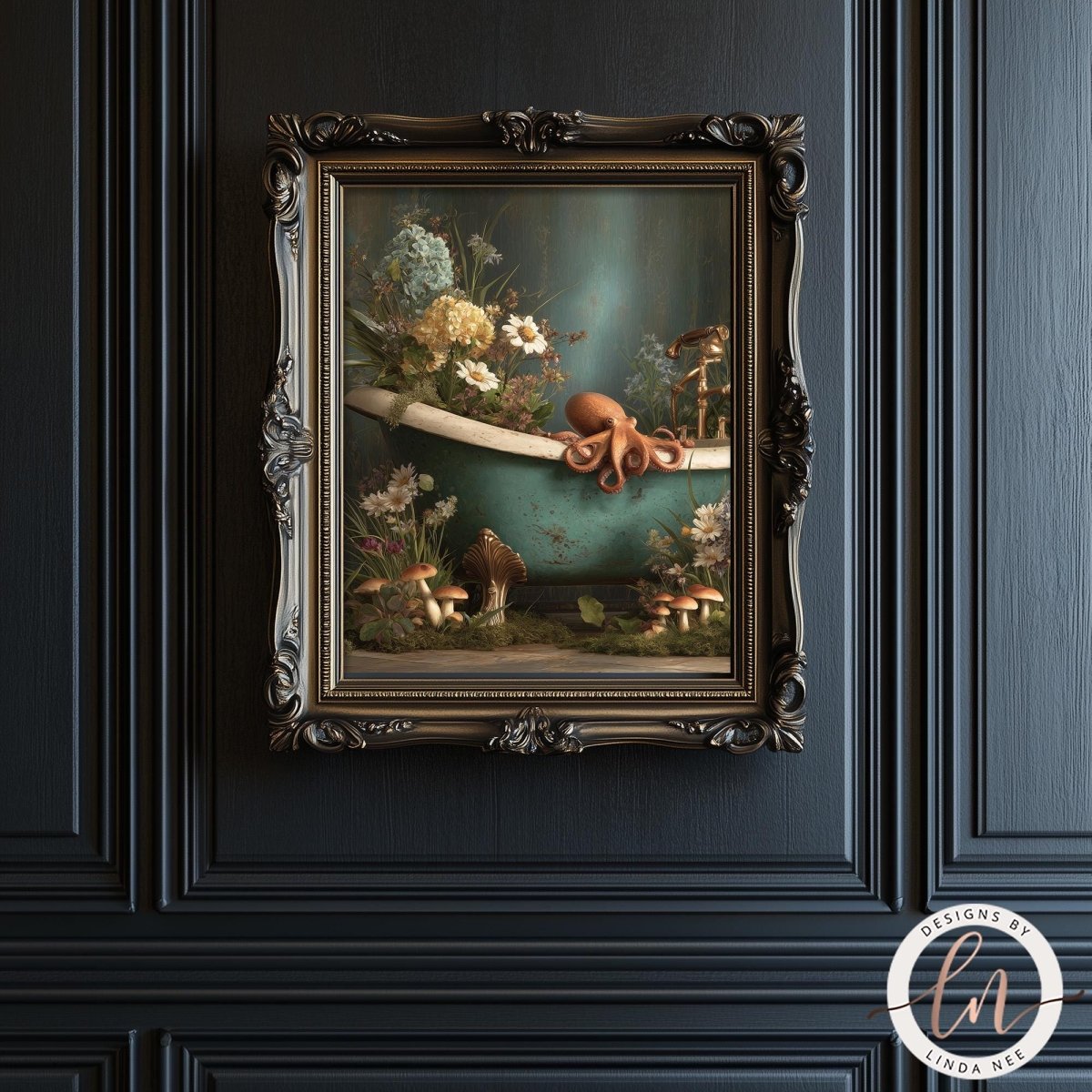 an ornate, gilded frame hanging on a dark wall, containing a painting of an octopus sitting in a bathtub filled with flowers and mushrooms.