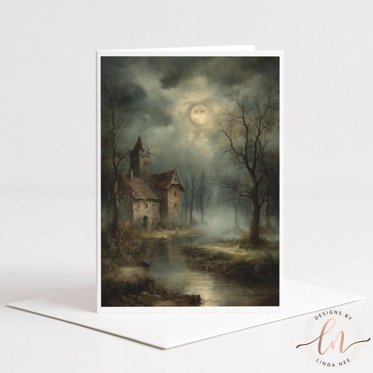 The image is a painting depicting a serene landscape with a castle, a stream, and a full moon in the sky.