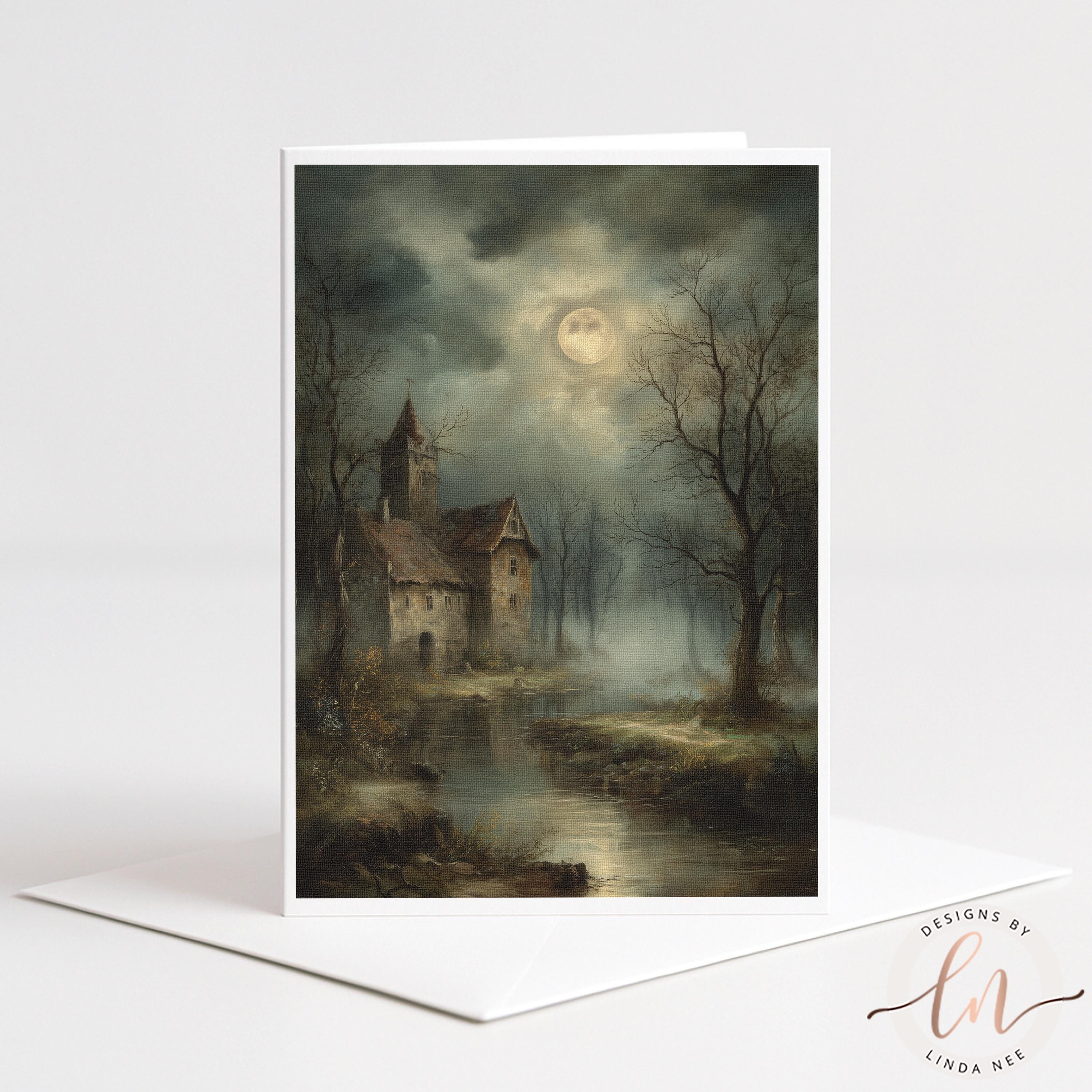 The image is a painting depicting a serene landscape with a castle, a stream, and a full moon in the sky.