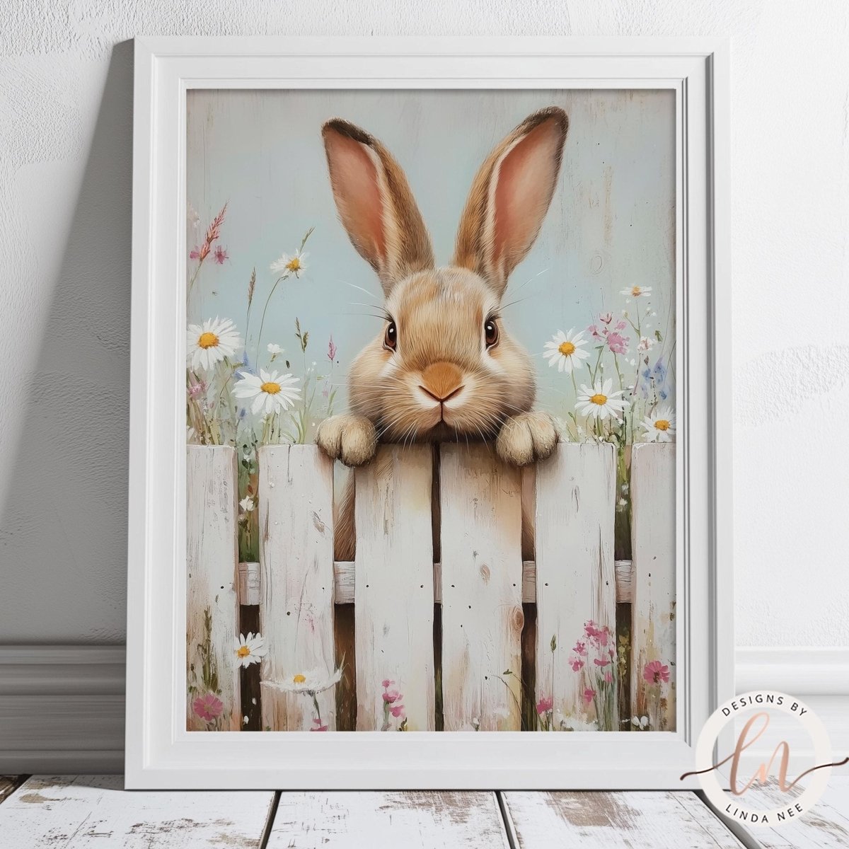 Bunny peeking over a white picket fence among daisies