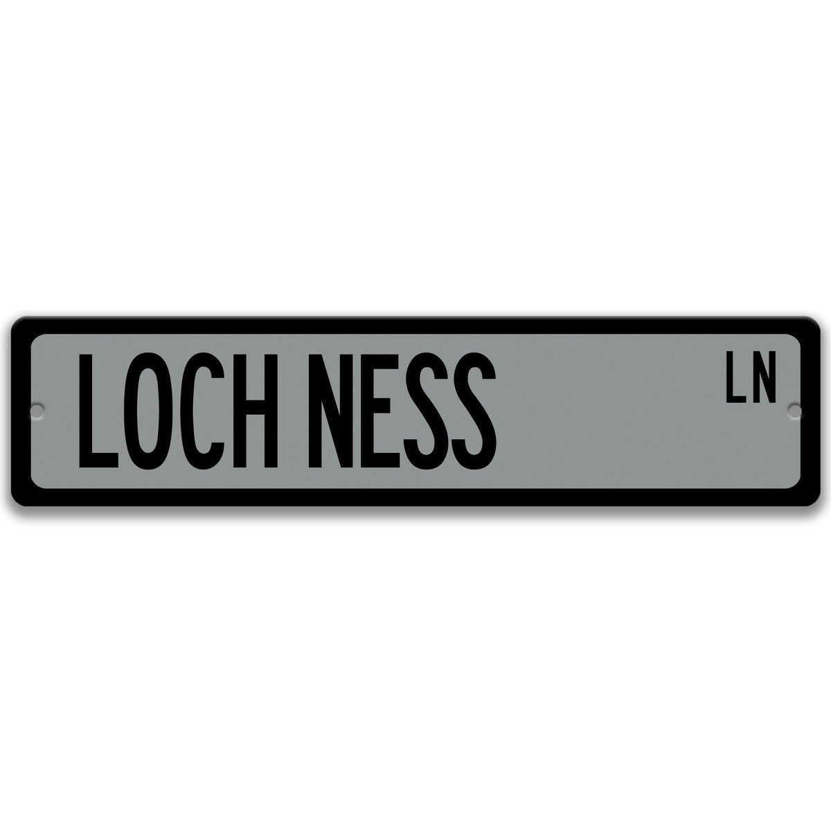 Loch Ness metal street sign with a gray background reading LOCH NESS LN
