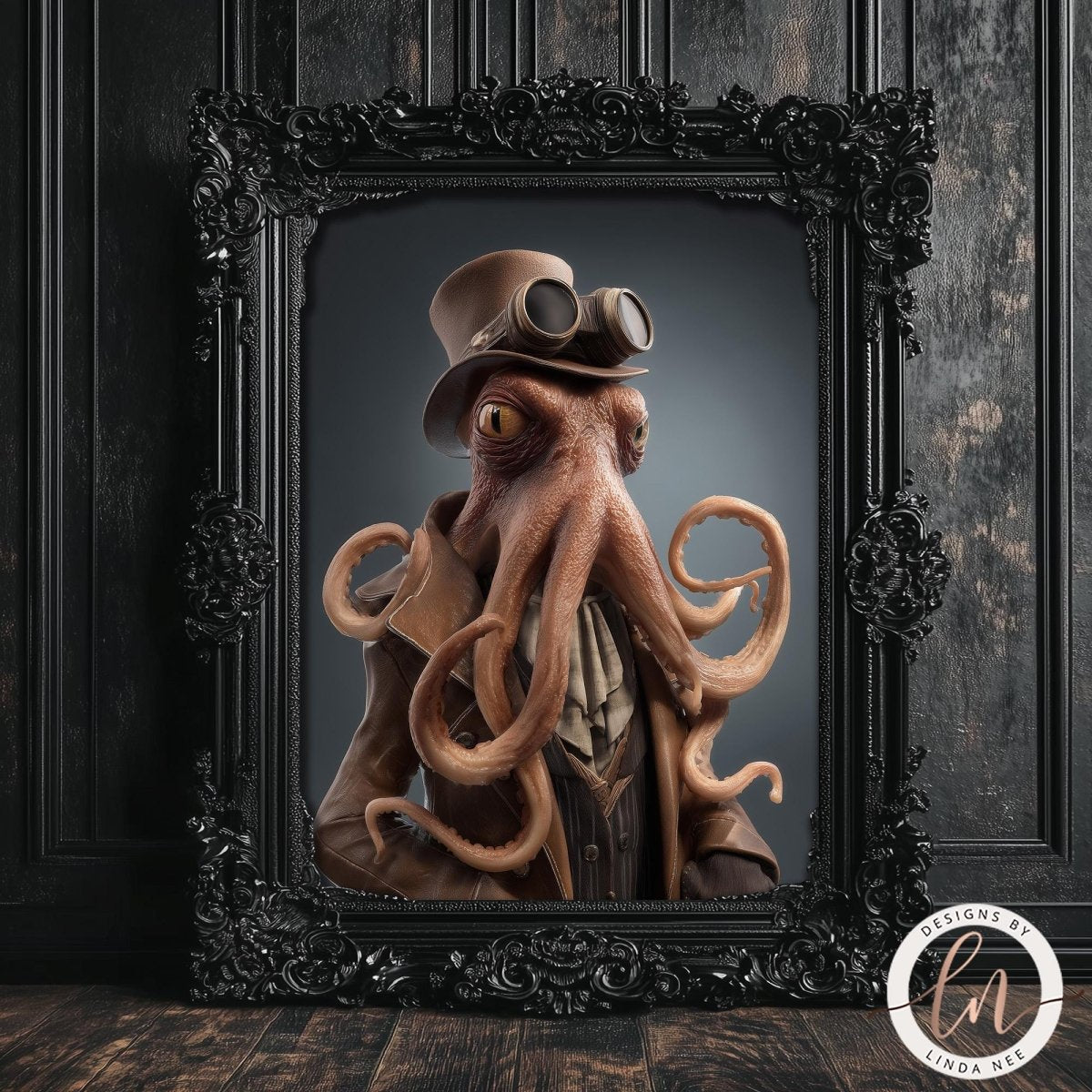 A large octopus wearing a top hat and goggles, with long tentacles extending outwards, is displayed in an ornate black frame against a dark background.