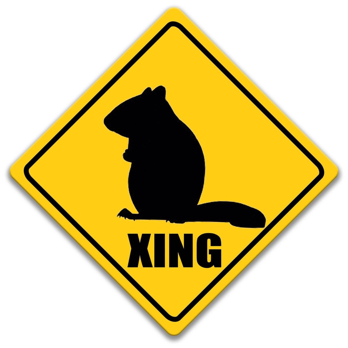 a yellow diamond-shaped sign with a black silhouette of a chipmunk and the word "XING" below it.