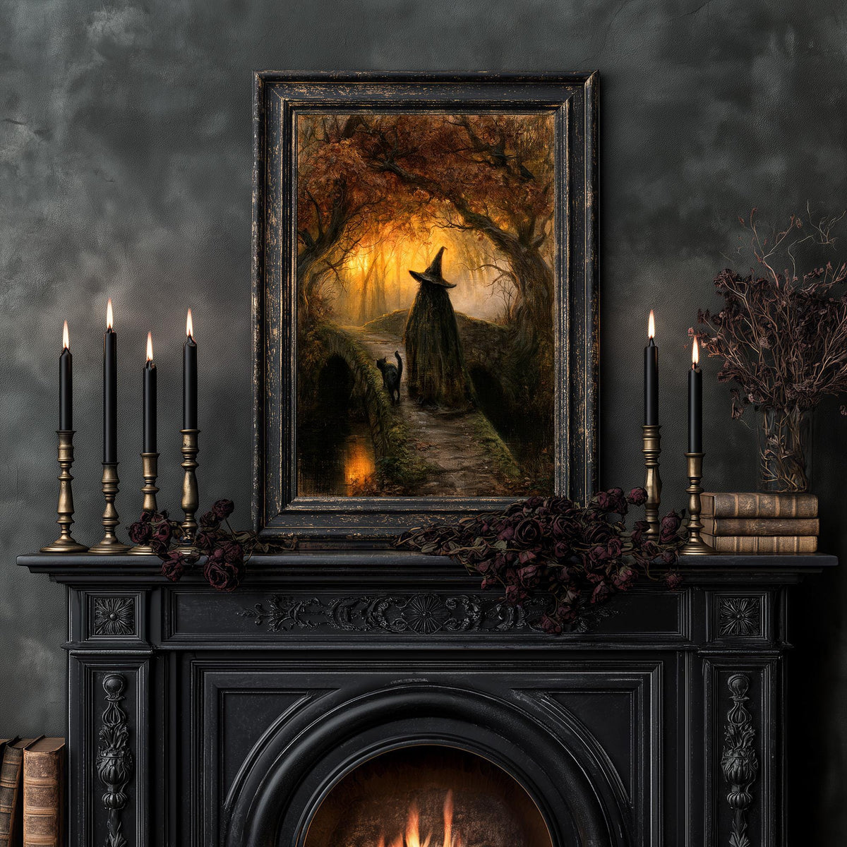 Moody gothic art print displayed with tapered candles and dried flowers