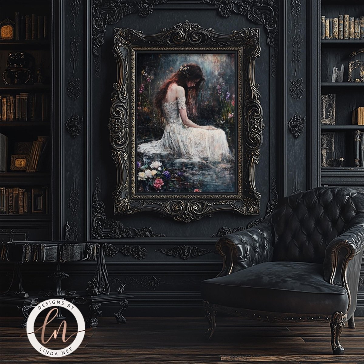 Flower pond artwork displayed with a black leather armchair and bookshelf