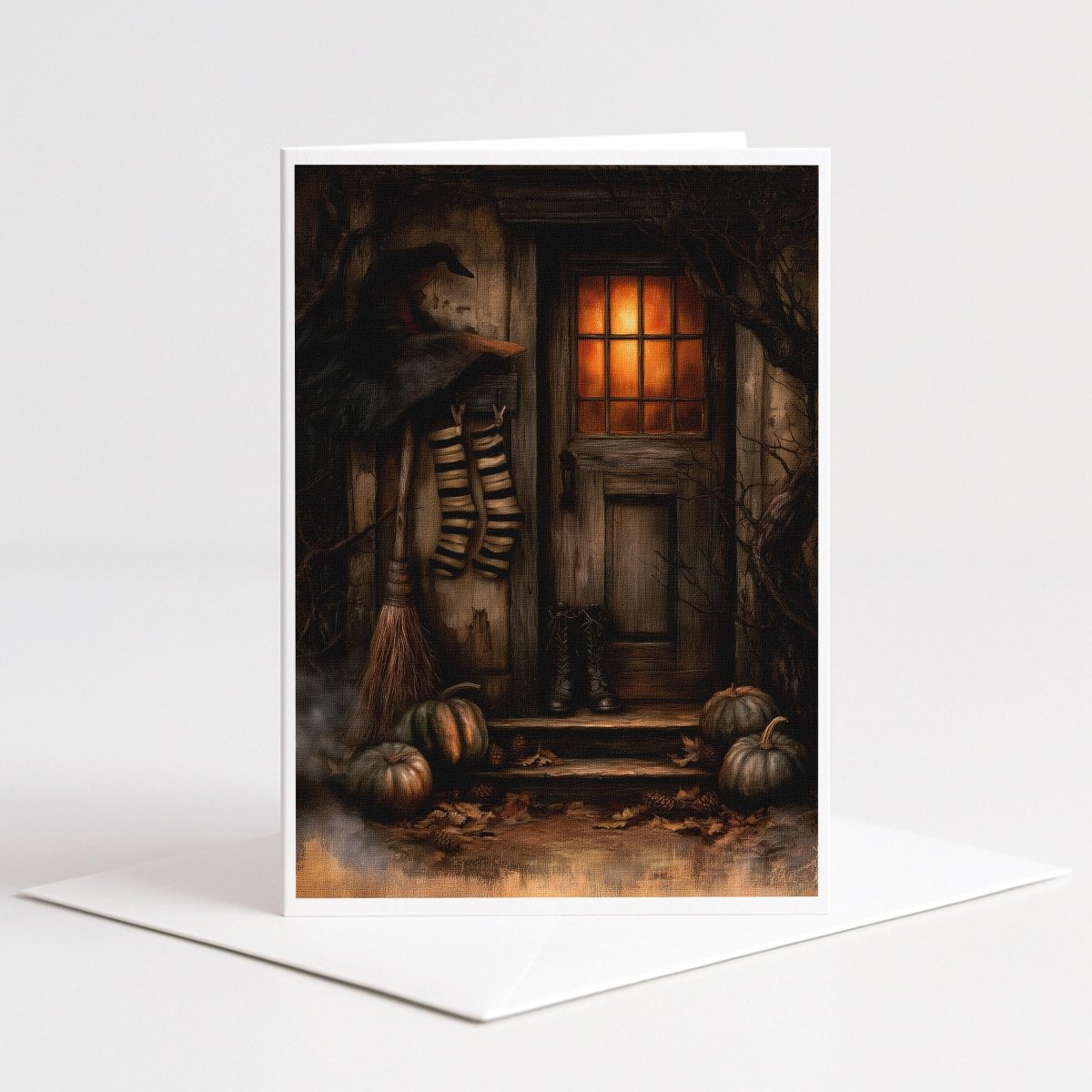 Witch's porch with black hat, broom, striped stockings, boots, and pumpkins, Halloween note card art