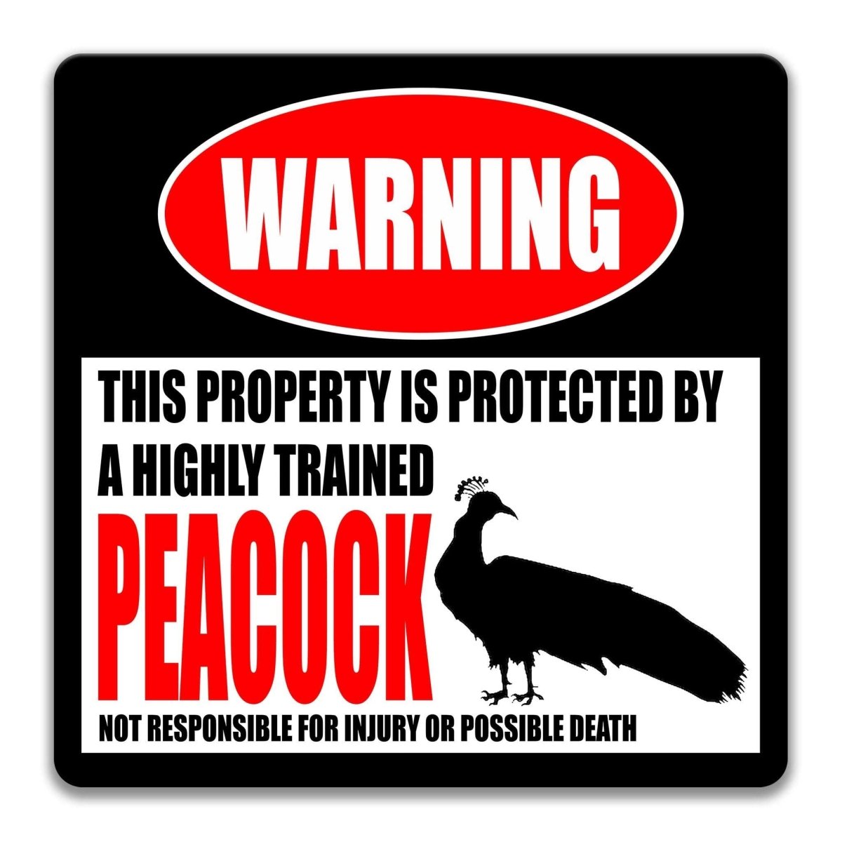 Peacock warning sign, red WARNING banner and large peacock silhouette, funny Peacock lover gift, aluminum with rounded corners