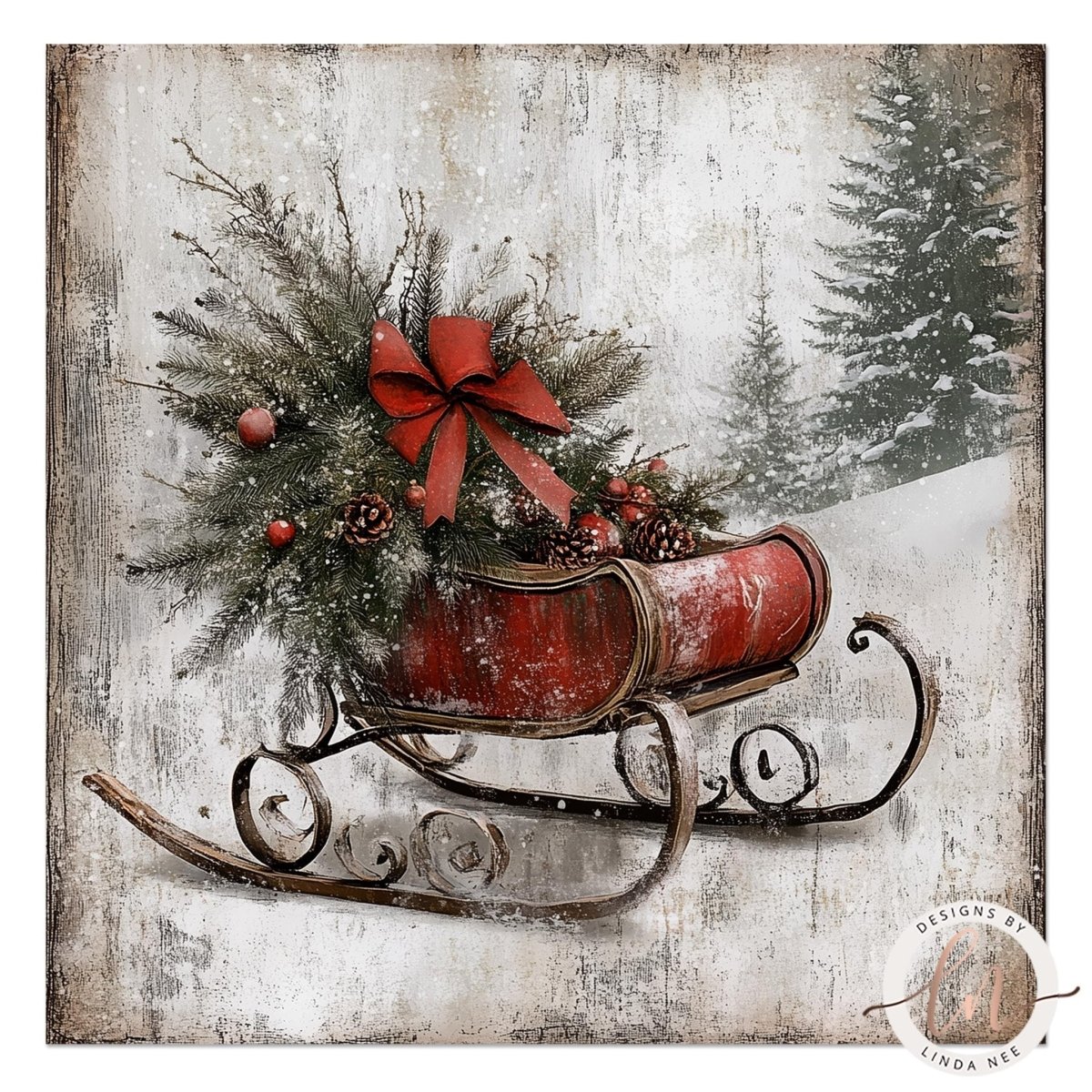 Red Christmas sleigh loaded with pine branches and pinecones in fresh snow