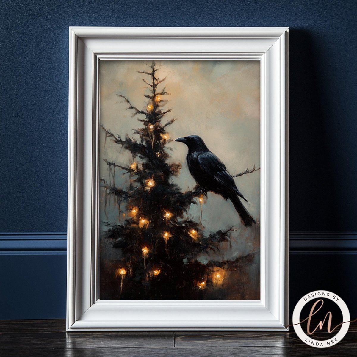 Raven on a lit tree branch artwork set against a deep dark background