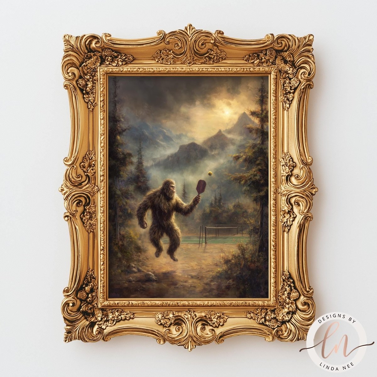 Painterly fantasy illustration of Bigfoot playing pickleball on a hidden outdoor court in the mountains, mid-swing with a paddle as a ball floats in front of him, surrounded by misty pine trees, dramatic golden clouds, and rugged peaks in the background.