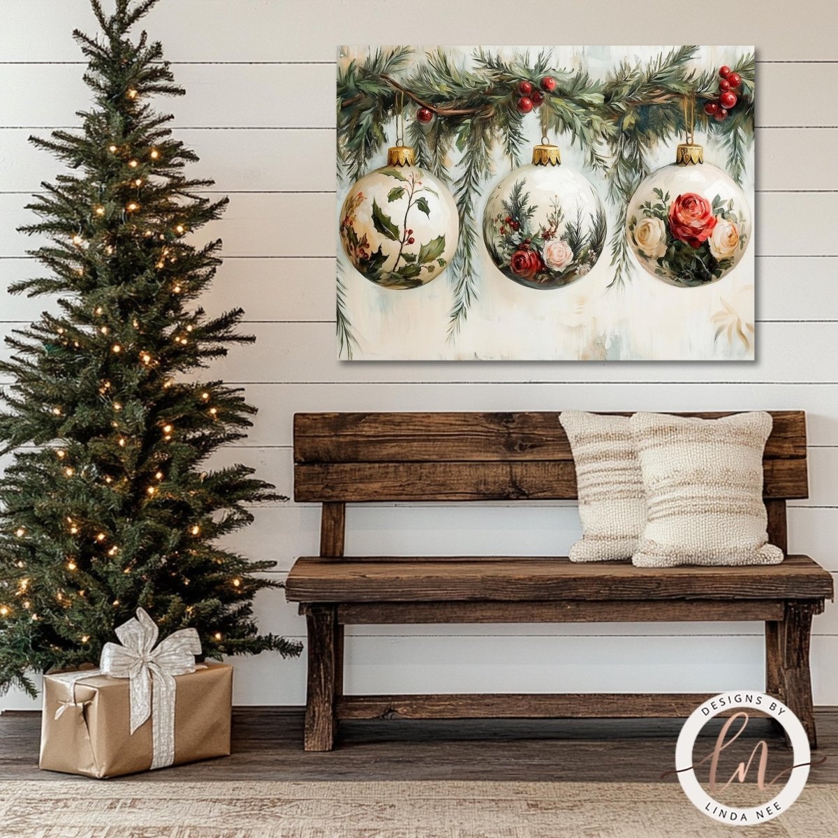 Floral ornaments print above a wooden bench beside a decorated tree