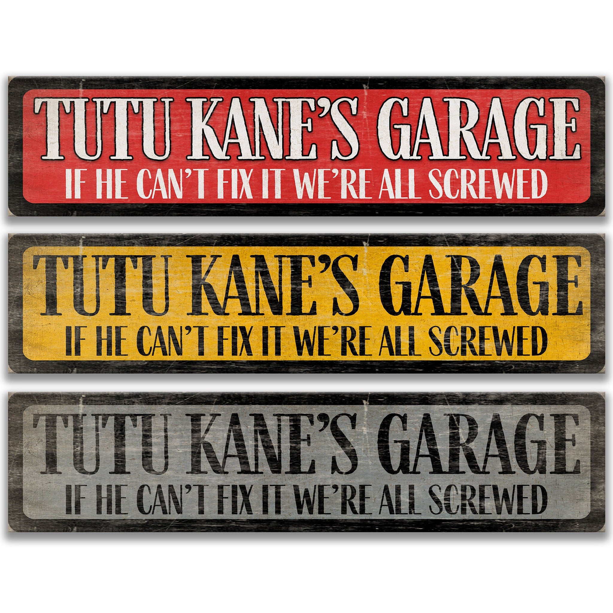 three signs with humorous text, likely intended to be humorous or entertaining.