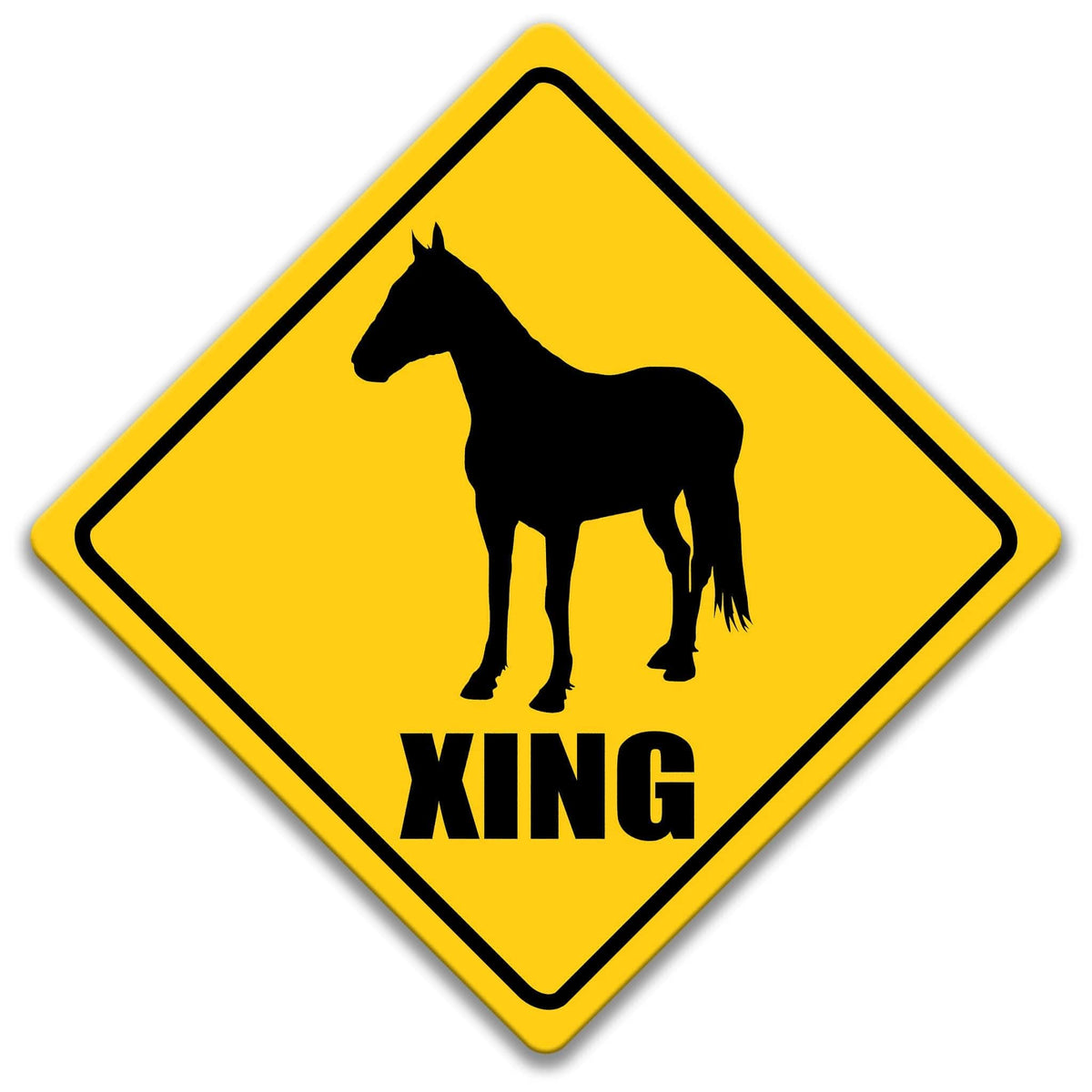 a yellow diamond-shaped sign with a black silhouette of a horse and the word "XING" written below it.