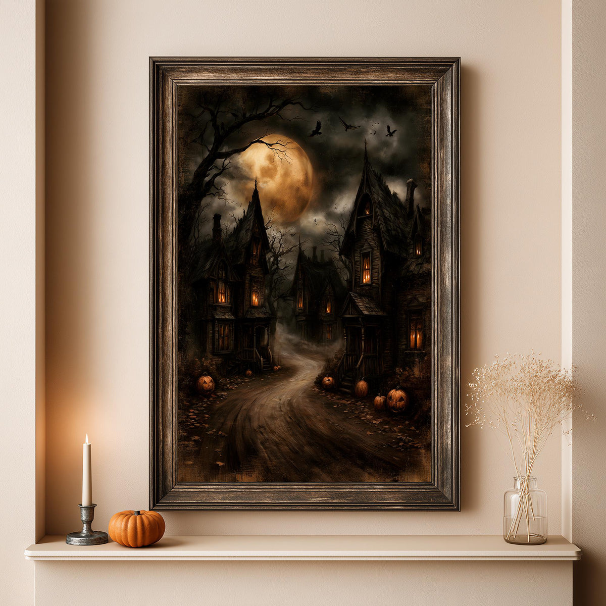 Full artwork view of the village rooftops and trees lit by the harvest moon