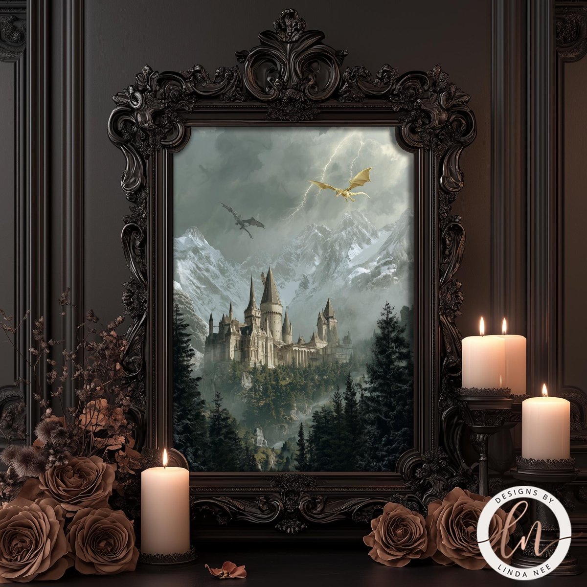 a castle in a snowy mountain landscape, with a dragon flying above it. The castle is framed by an ornate black frame, and there are lit candles and flowers surrounding the frame.