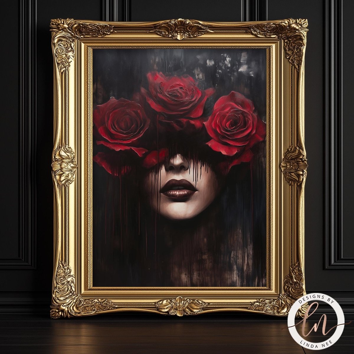A surrealist digital painting of a woman's face from the nose down, with her eyes completely covered by three large, blooming red roses. Dark red liquid or paint drips down from the roses across her face and into the dark, textured background. The style is moody and painterly with a gothic, dark academia aesthetic.