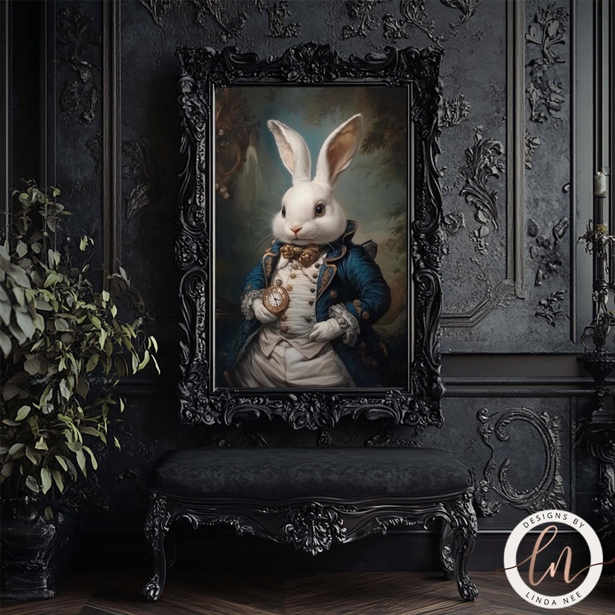 Pocket watch rabbit print displayed in an ornate black frame