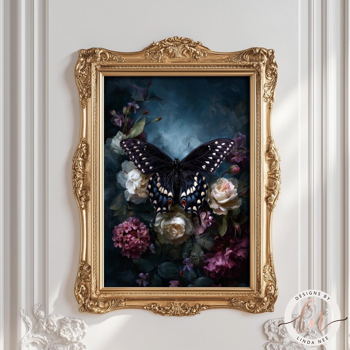 A framed painting of a black butterfly with white spots, surrounded by a variety of colorful flowers, including pink, white, and purple blooms, set against a dark blue background.