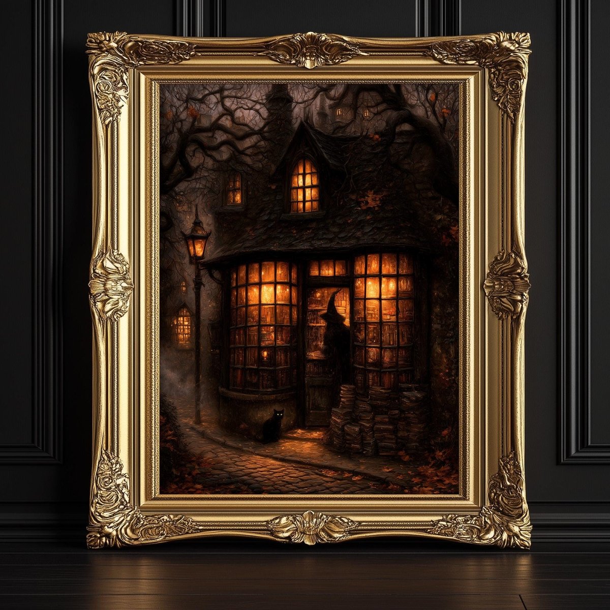 Witch's bookshop art print shown framed for display on a dark painted wall