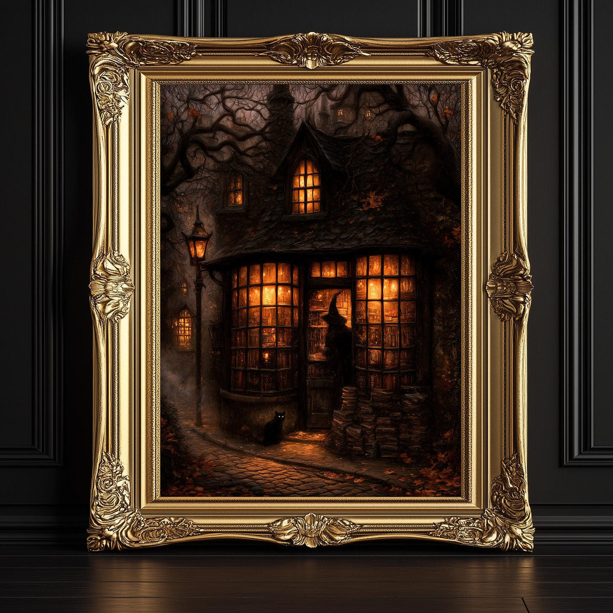 Witch's bookshop art print shown framed for display on a dark painted wall