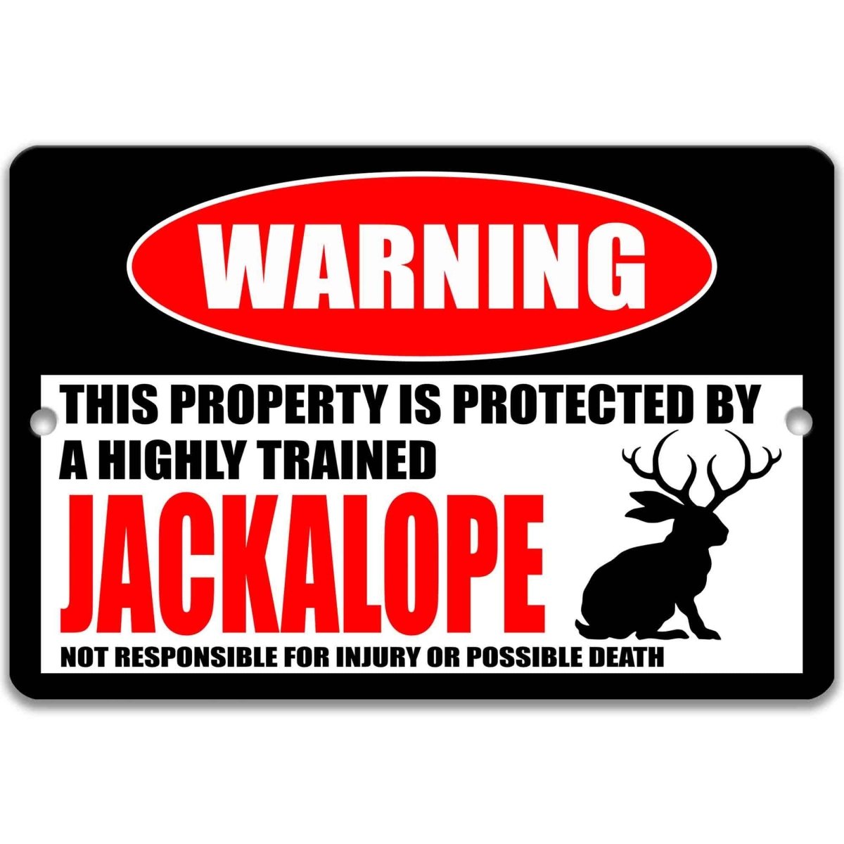 Jackalope warning metal sign, glossy black, red WARNING oval and antlered jackalope silhouette