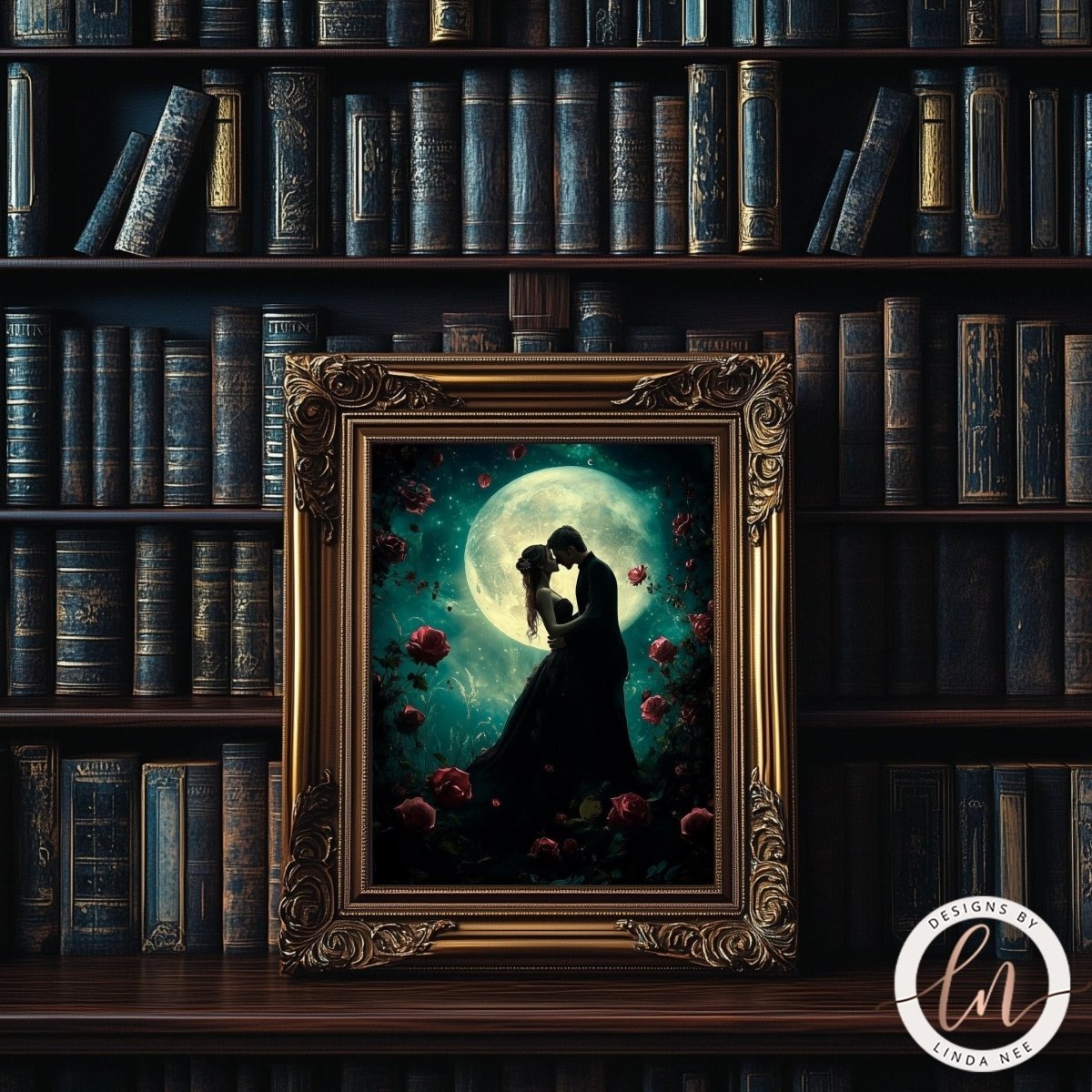 A framed painting depicting a couple embracing under a full moon, surrounded by a garden of roses, is displayed on a bookshelf filled with books.