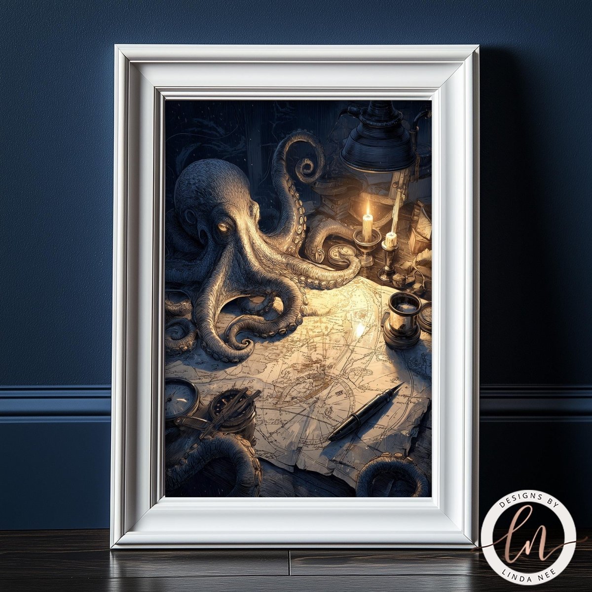 A framed image depicting an octopus with tentacles spread out, surrounded by various objects such as a map, a candle, and a lantern, all illuminated by a warm glow.