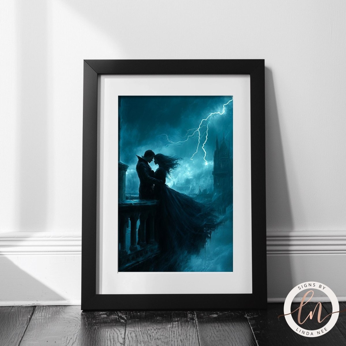 Couple silhouetted against lightning bolts in a dramatic storm scene