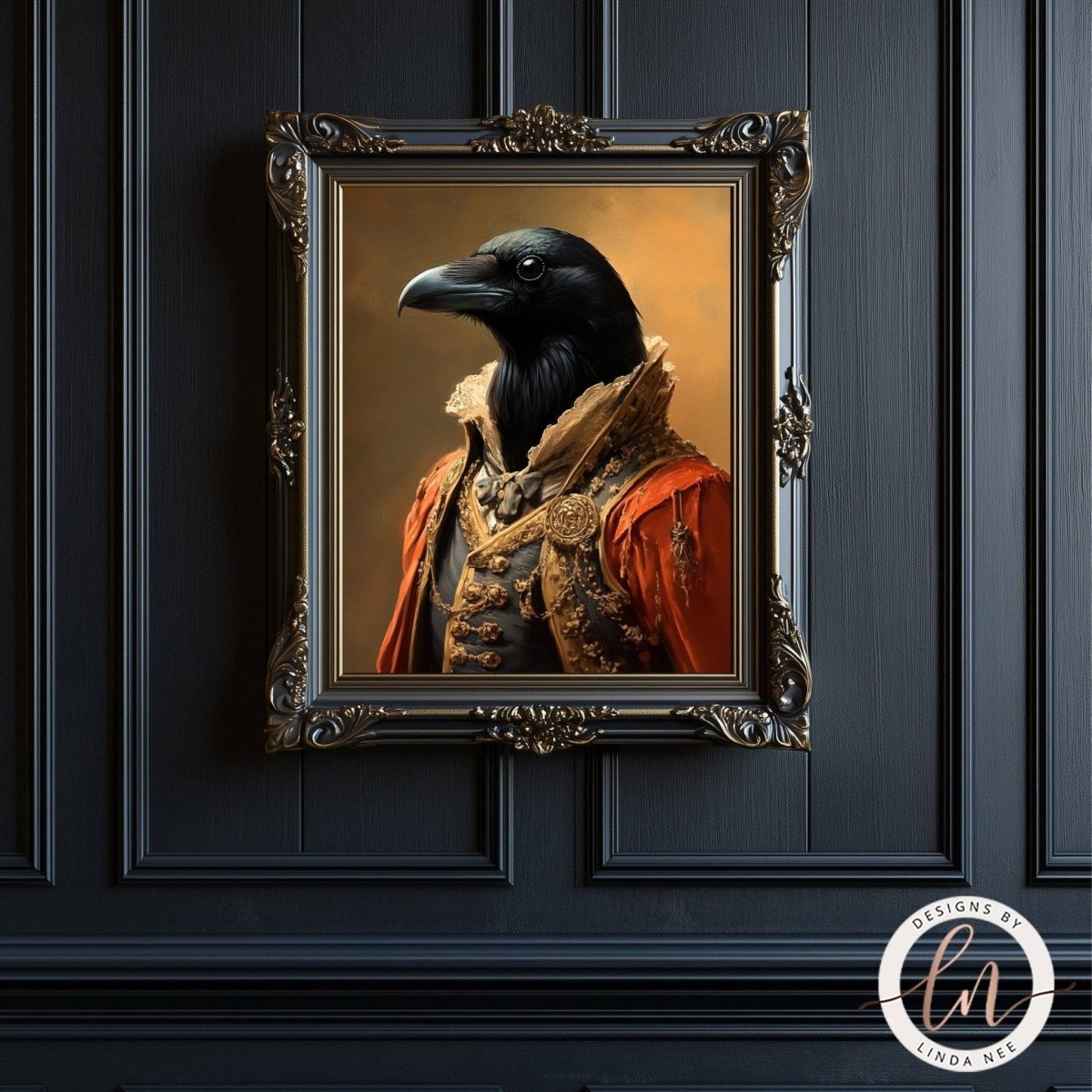 a framed portrait of a black crow wearing an ornate red and gold outfit, which is displayed on a dark wooden panel.