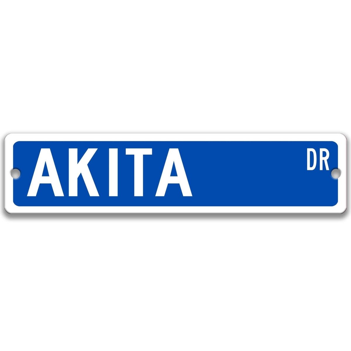 Blue Akita DR aluminum street sign with white lettering