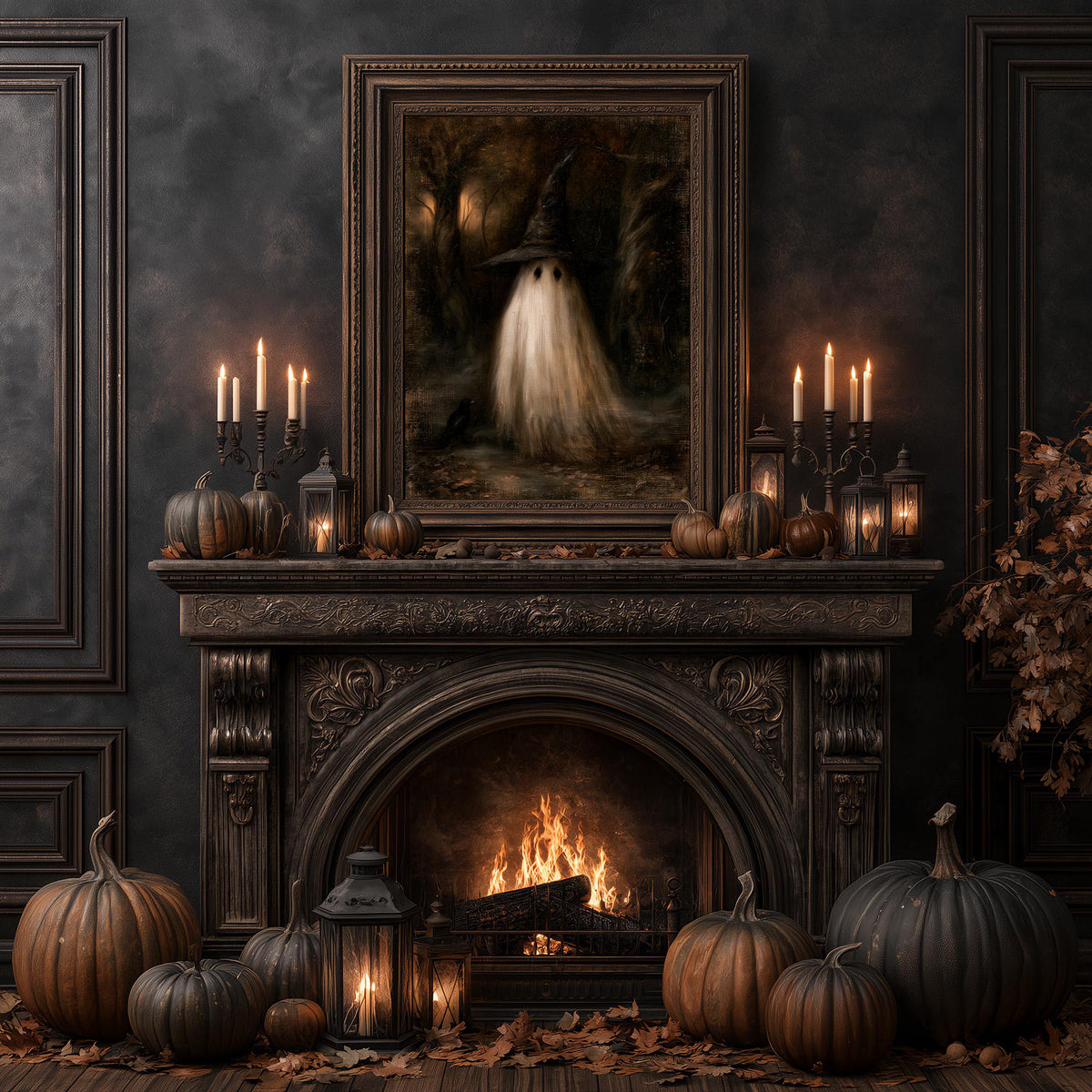 Autumn hearth surrounded by pumpkins and candlelight under the ghost witch artwork