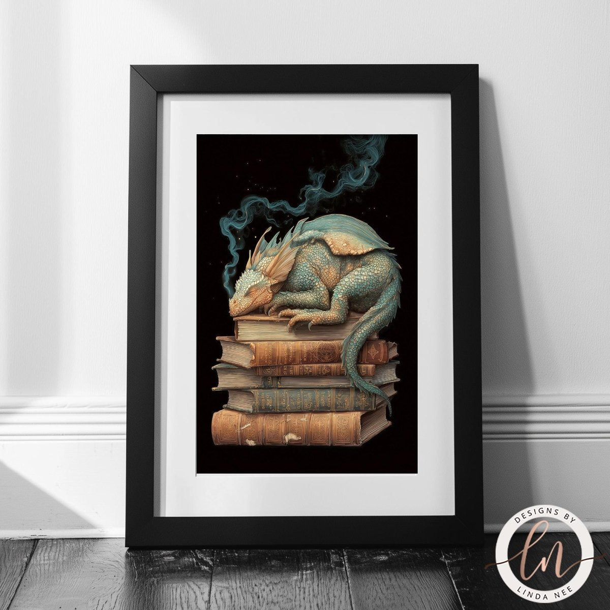 A framed artwork depicting a sleeping dragon resting on a stack of books, with a trail of smoke emanating from the dragon's head.