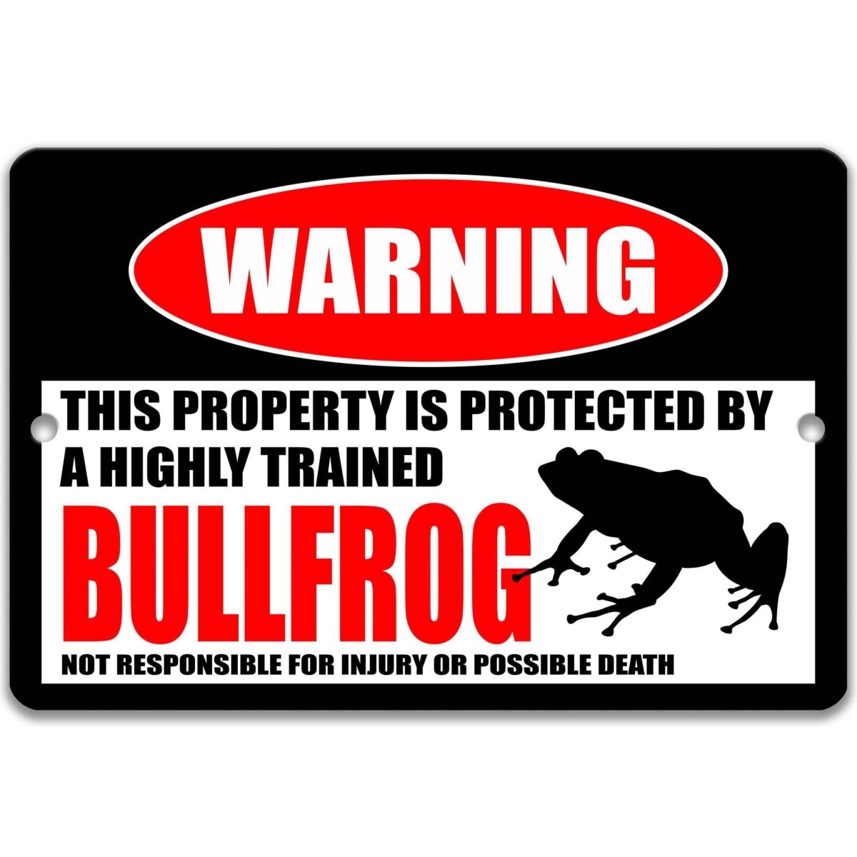 Square bullfrog warning metal sign, black background with red WARNING banner and bullfrog silhouette