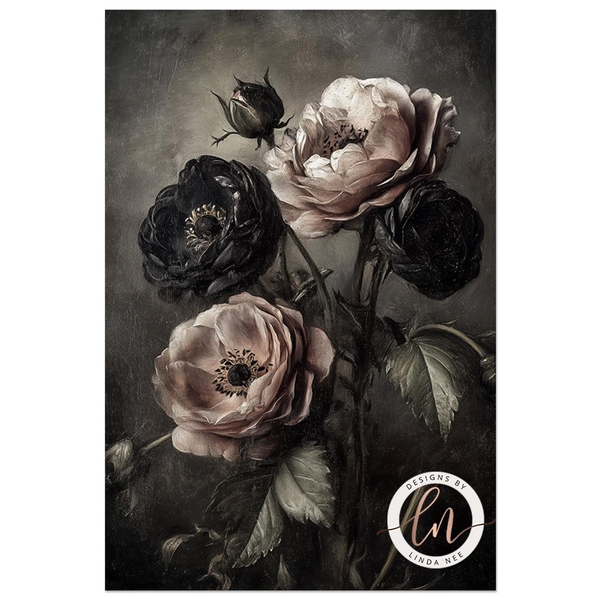 A vintage-style floral arrangement featuring three large, blooming flowers in shades of black, pink, and white against a dark background.