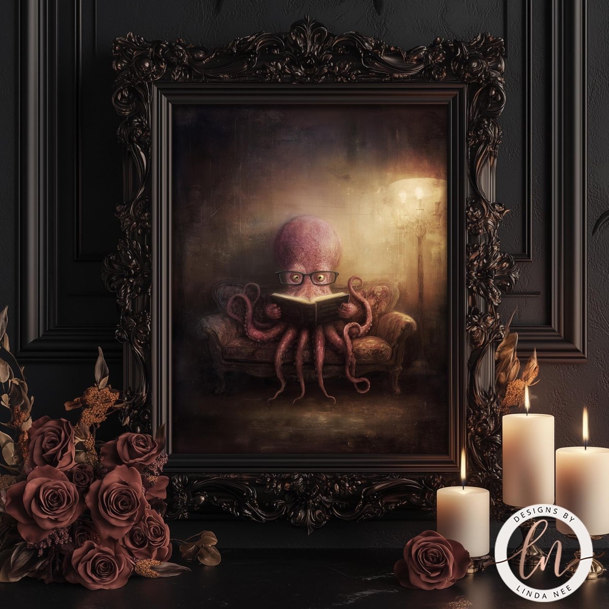 an octopus sitting on a couch, reading a book, with a dark and moody atmosphere. The octopus is surrounded by candles and roses, creating a mysterious and eerie ambiance.