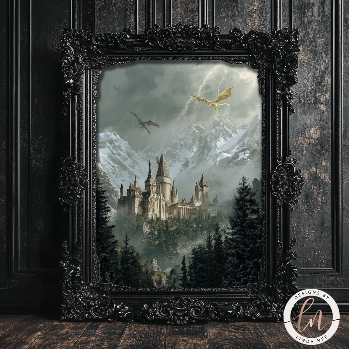 A framed painting depicting a castle surrounded by a misty, mountainous landscape with a dragon flying overhead.