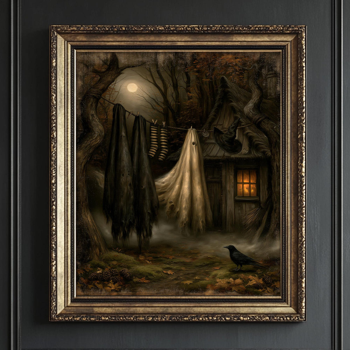 Witch cottage art print shown framed, with a raven, hanging laundry, and a foggy forest