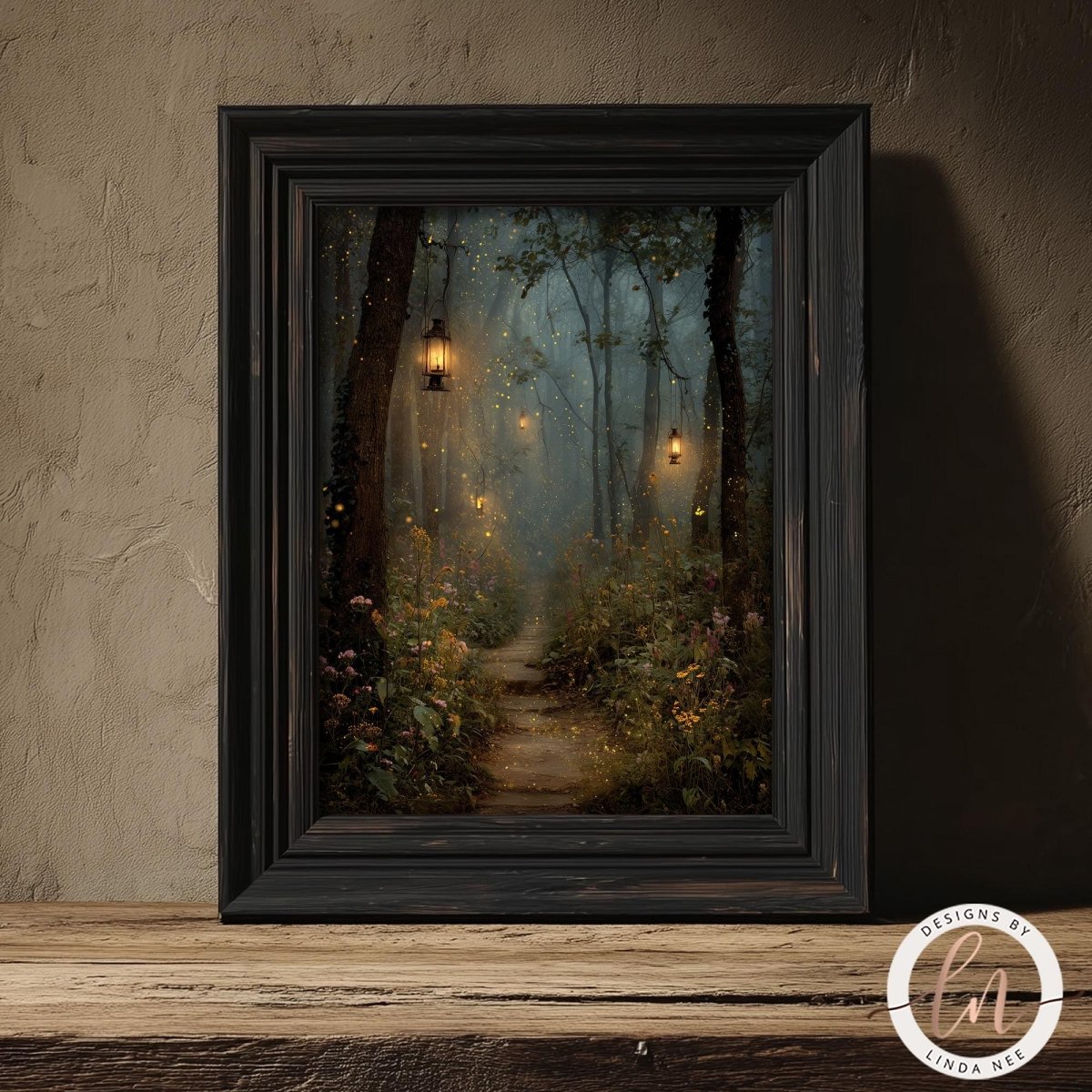 A framed painting depicting a serene forest path with lanterns hanging from the trees, creating a magical and enchanting atmosphere.