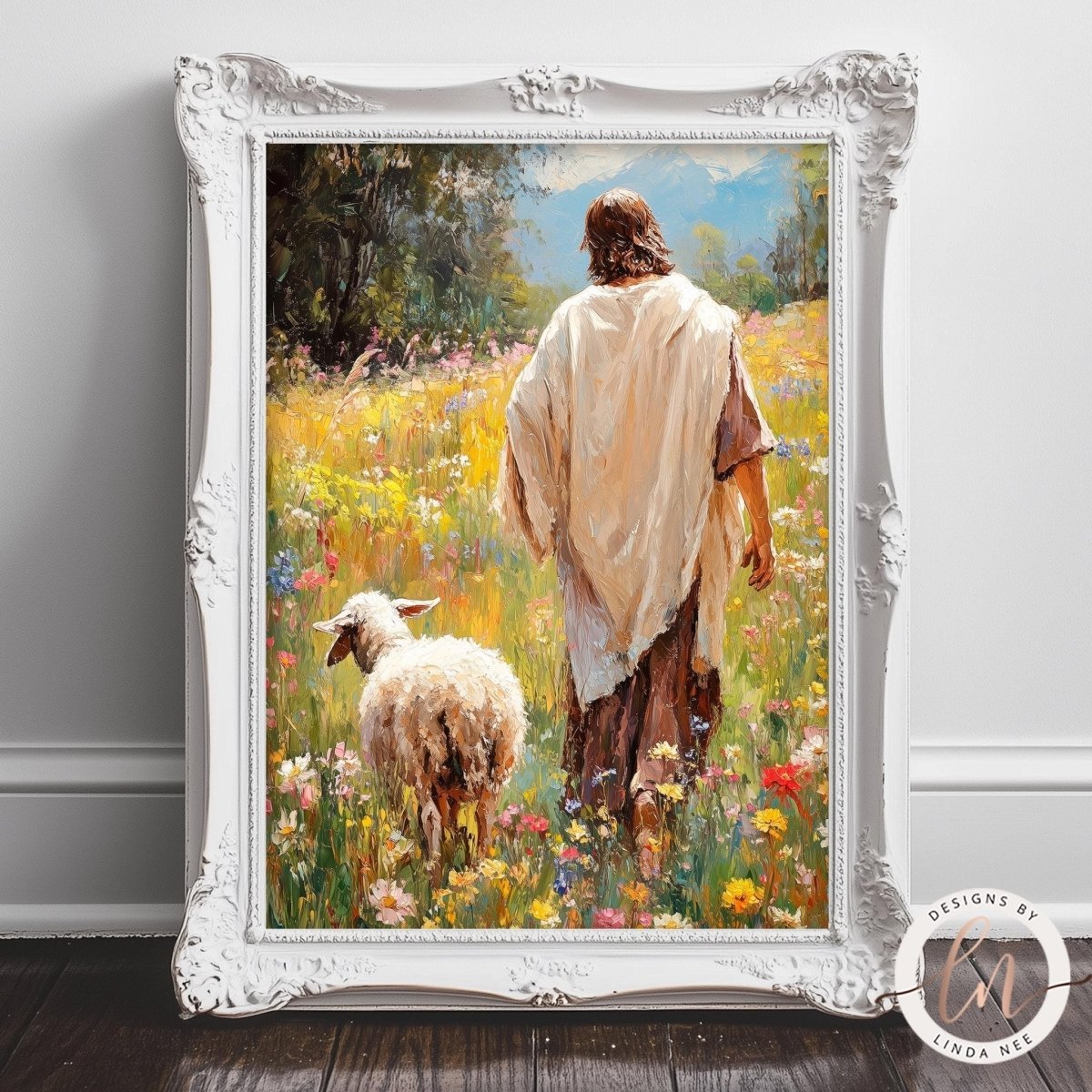 Jesus walking through a wildflower meadow with a lamb beside him