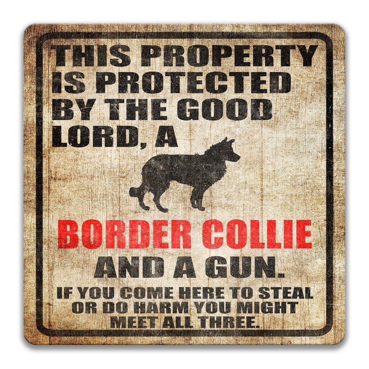 The image is a sign that reads "This property is protected by the good Lord, a Border Collie and a gun. If you come here to steal or do harm, you might meet all three."