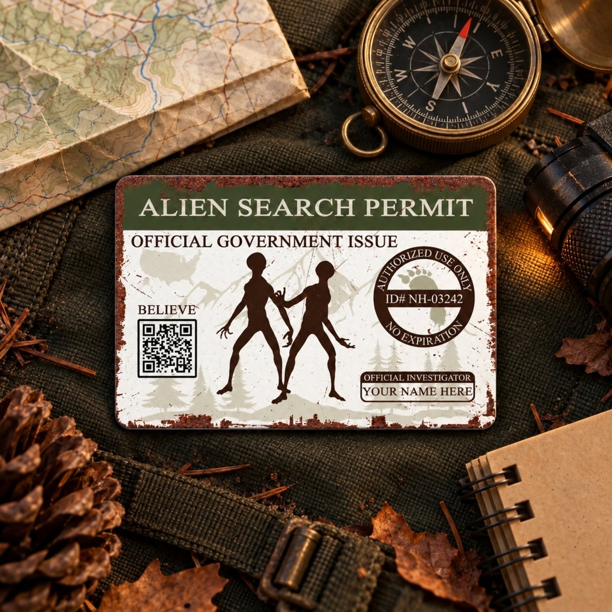 a metal Alien Search Permit badge with a QR code, surrounded by various outdoor gear and items such as a compass, map, and notebook.