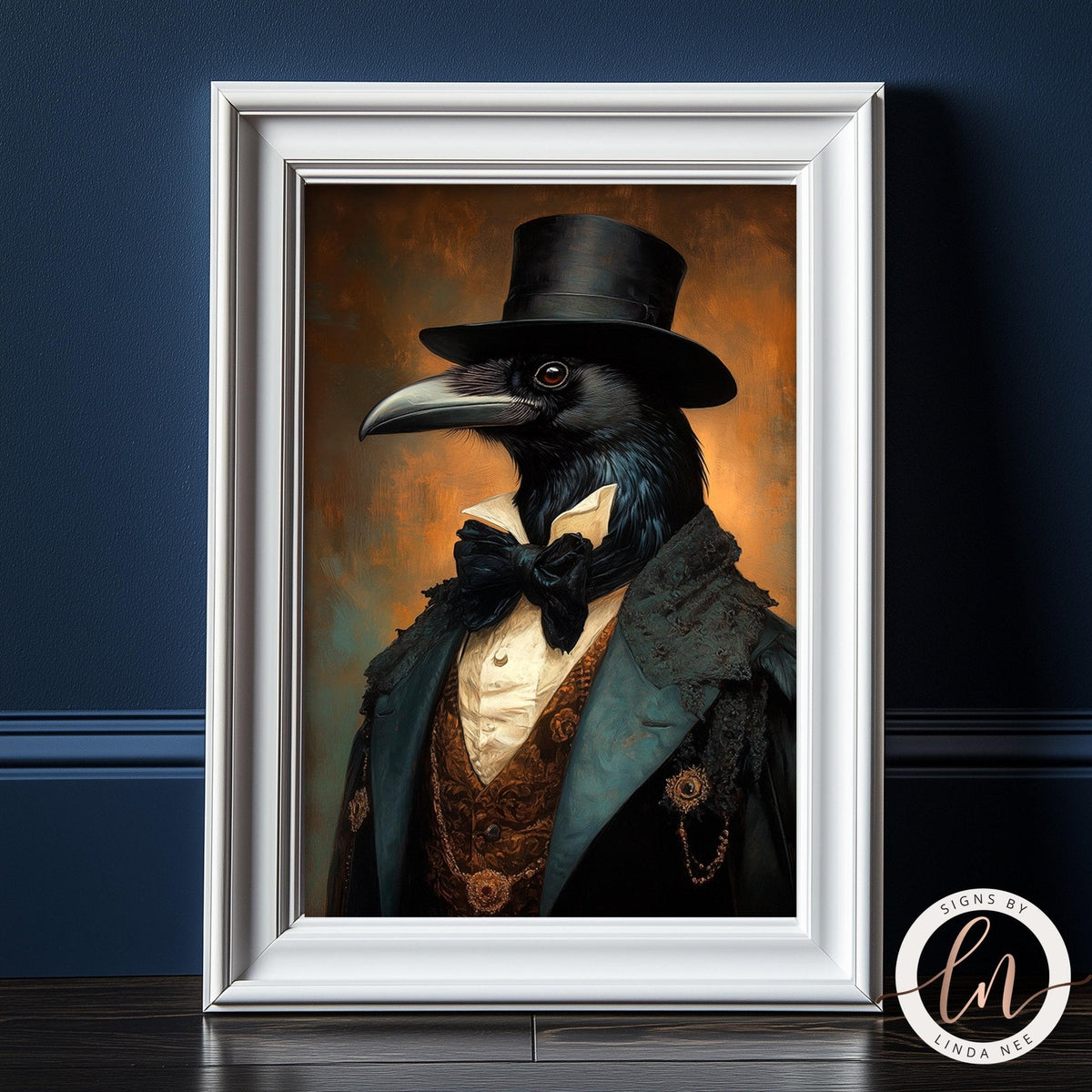 A framed painting depicting a black bird wearing a top hat and coat, with a detailed and intricate design.