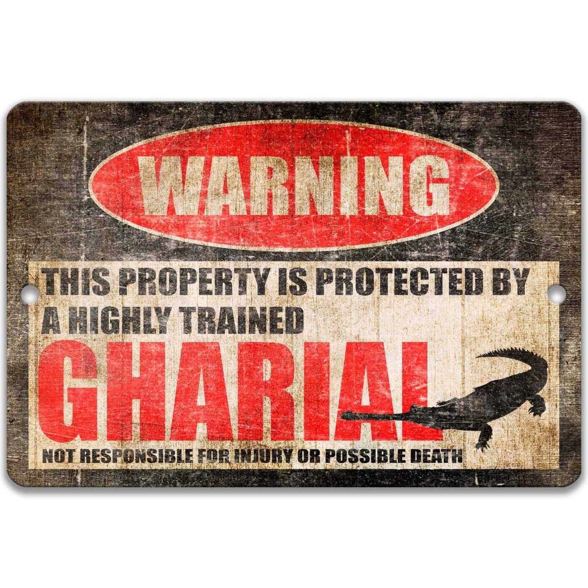 Gharial warning metal sign, glossy black, red WARNING oval and long-snouted gharial silhouette