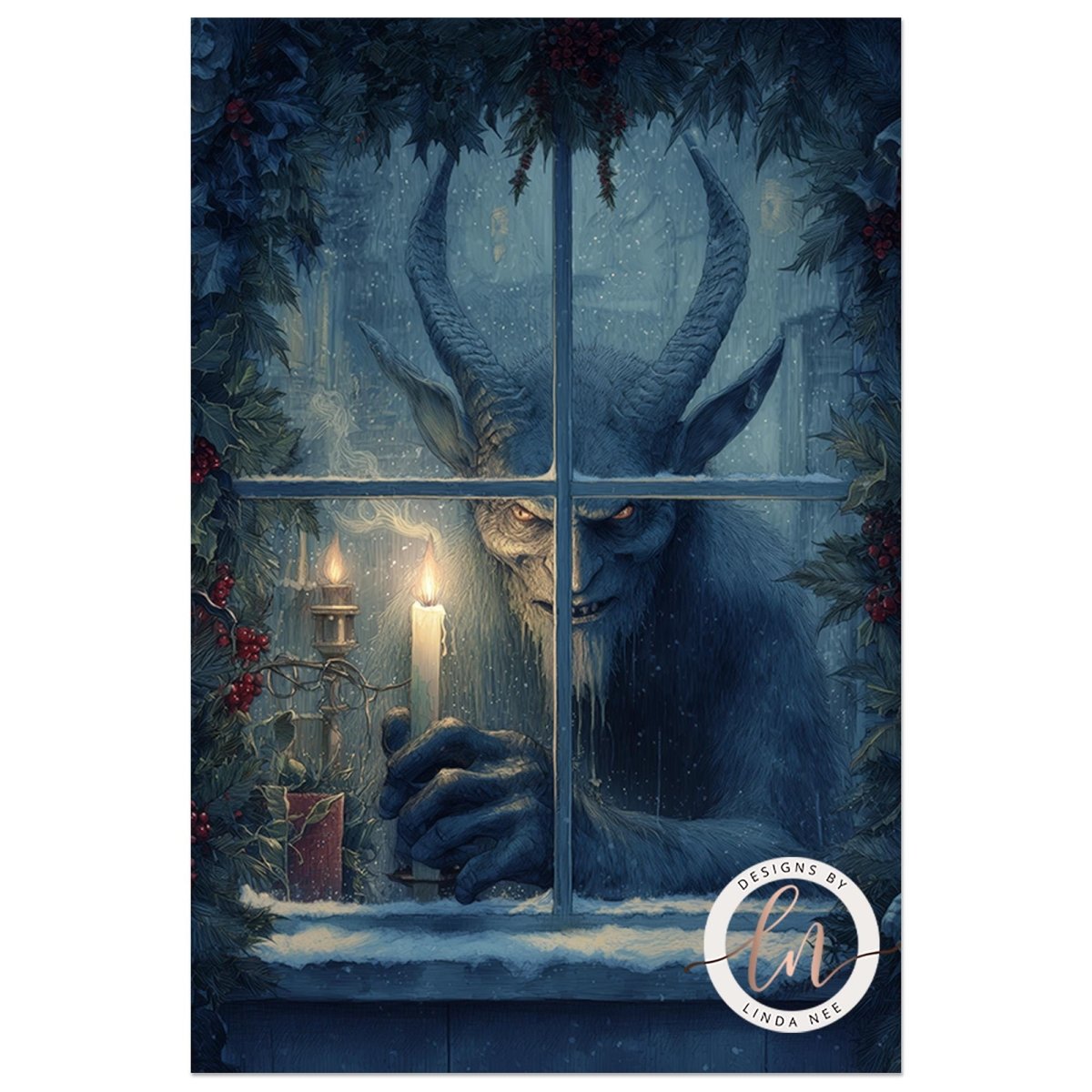 Horned Krampus with a glowing red eye at a dark window holding a lit candle