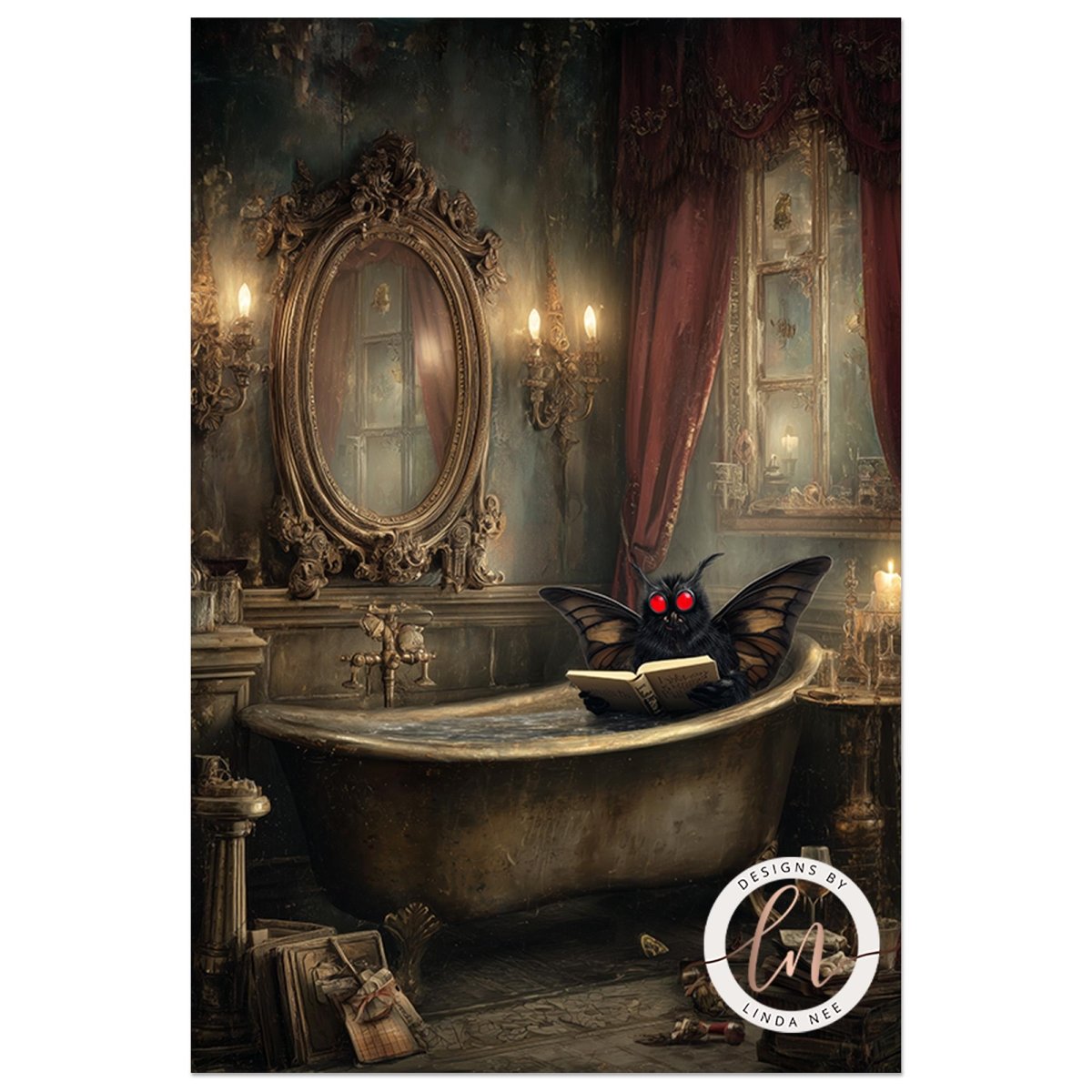 A bat-like creature is sitting in a bathtub, surrounded by ornate decorations and lighting, creating a mysterious and eerie atmosphere.