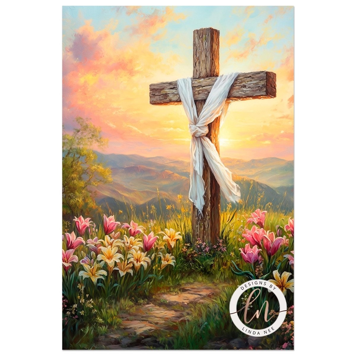 Morning glory blooms framing a cloth draped wooden cross