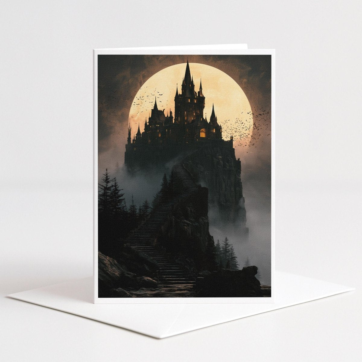 Dracula's castle note card standing on a white envelope, gothic castle and full moon artwork