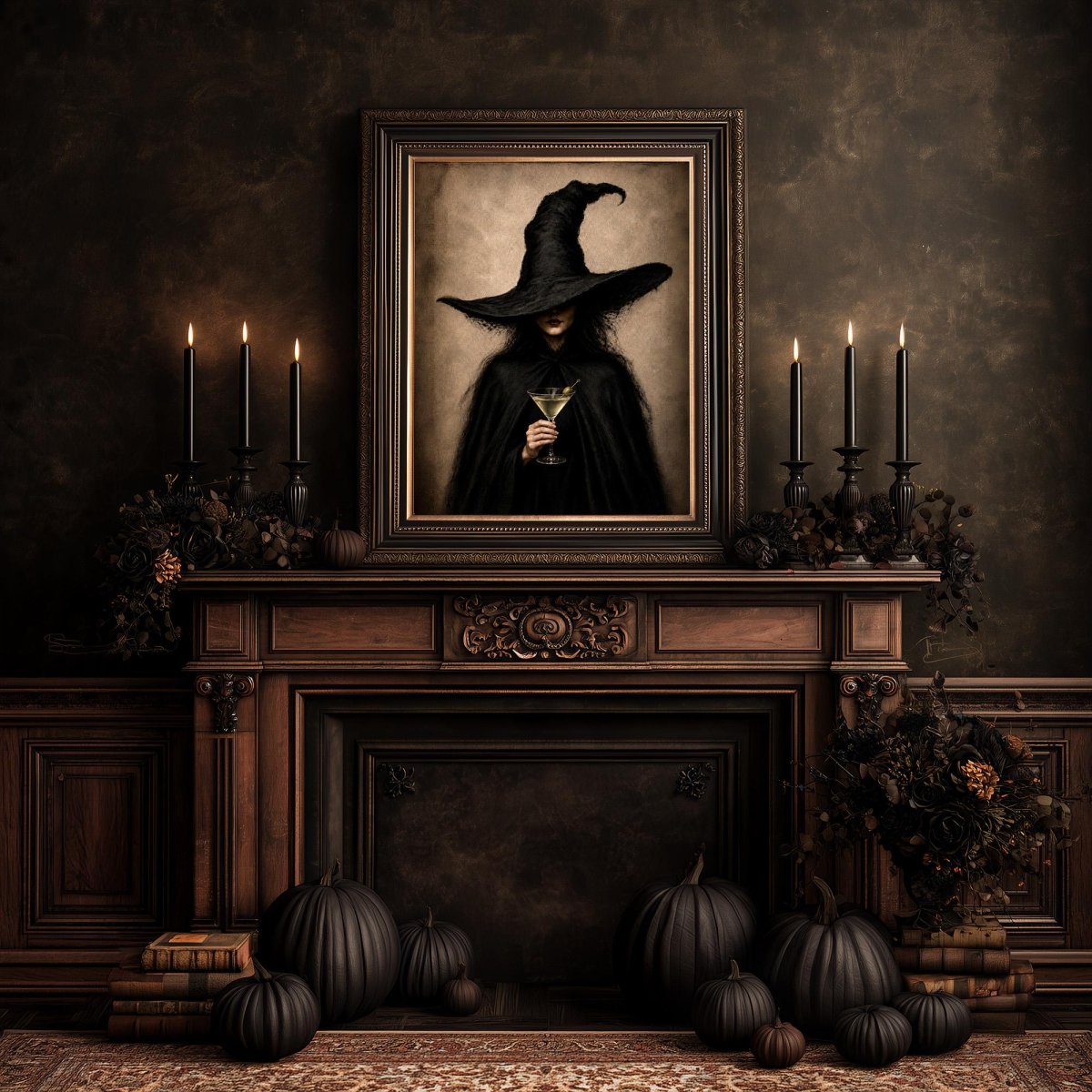 Gothic portrait print on a mantel above a candlelit fireplace