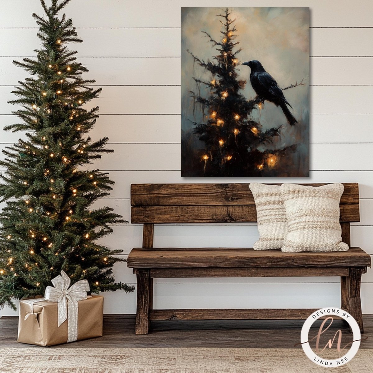 Raven on tree artwork hung above a wooden bench beside a lit Christmas tree